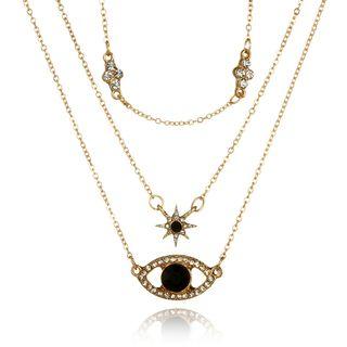 Rhinestone Eye & Star Layered Necklace 3333 - Gold & Black - One Size