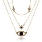 Rhinestone Eye & Star Layered Necklace 3333 - Gold & Black - One Size