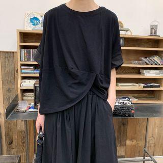 Elbow-sleeve Asymmetric T-shirt Black - One Size