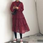 Long-sleeve Floral Midi Dress Wine Red - One Size