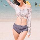 Set: Long-sleeve Floral Print Drawstring Swim Top + Swim Bottom