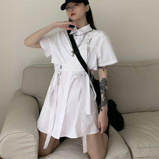 Mock Two-piece Elbow-sleeve Mini A-line Shirtdress