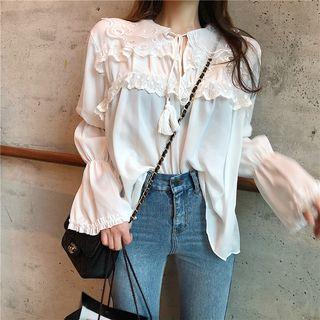 Peter Pan Collar Long Sleeved Chiffon Top White - One Size