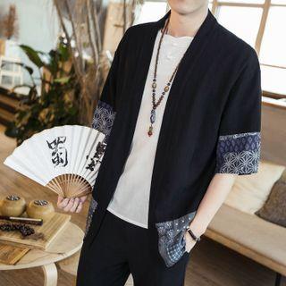 Elbow-sleeve Print Panel Open-front Jacket