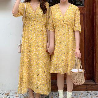 Floral Elbow-sleeve A-line Dress / Midi Dress