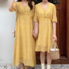 Floral Elbow-sleeve A-line Dress / Midi Dress