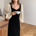 Two-tone Balloon-sleeve Maxi A-line Dress Black - One Size