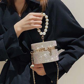 Faux Pearl Top Handle Rhinestone Crossbody Bag