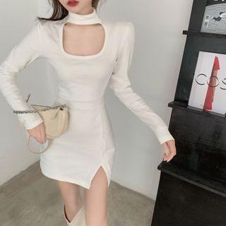 Long-sleeve Mock Neck Plain Cutout Dress