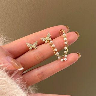 Butterfly Faux Pearl Chained Asymmetrical Alloy Earring 1 Pair - S925 Silver - White - One Size