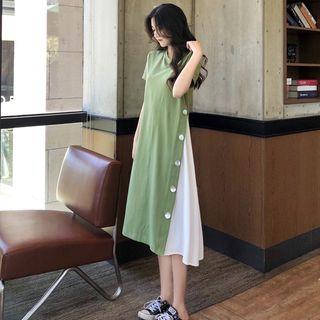 Short-sleeve Button Color Panel Midi Dress