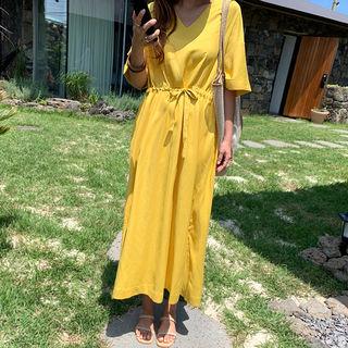 Hemp Blend Drawcord Long Dress