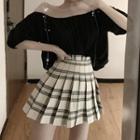 3/4-sleeve Cold Shoulder Top / Pleated Plaid Mini Skirt