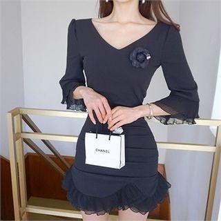 V-neck Ruffled Mini Sheath Dress
