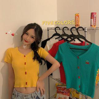 Short-sleeve Cherry Embroidered Knit Cropped Top