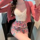 Cropped Cardigan / Lace Camisole Top / Fitted Floral Mini Skirt