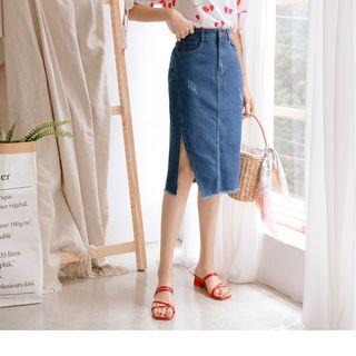 Fray Hem Slit-side Denim Midi Skirt