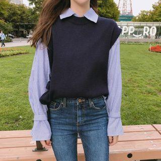 Striped Shirt / Side-tie Sweater Vest / Set