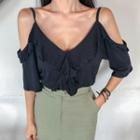 Strappy Cold-shoulder Ruffled Top