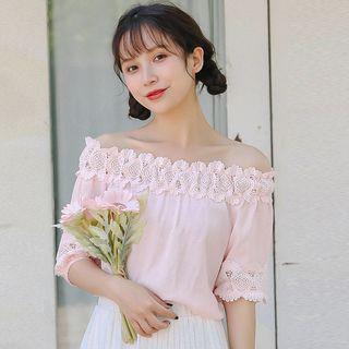 Elbow-sleeve Off Shoulder Lace-trim Top
