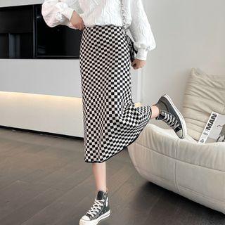 High Waist Check Pencil Knit Skirt