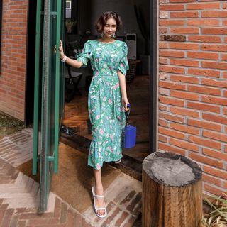 Puff-sleeve Floral Print Midi Dress With Sash