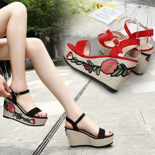 Embroidered Wedge Ankle Strap Sandals