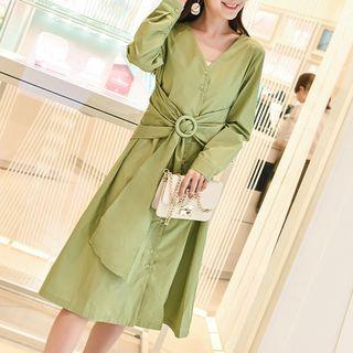 Long-sleeve Buckled Midi A-line Dress Green - One Size