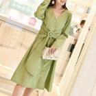 Long-sleeve Buckled Midi A-line Dress Green - One Size
