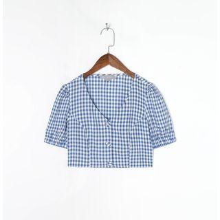 V-neck Gingham Cropped Blouse