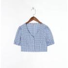 V-neck Gingham Cropped Blouse