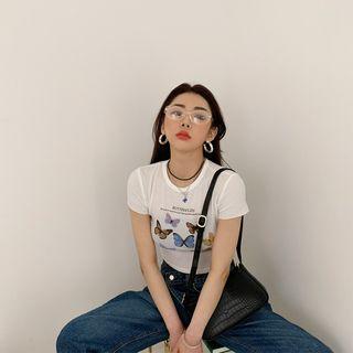 Butterfly Print Cropped T-shirt White - One Size