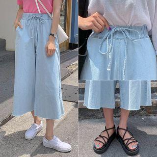 Drawstring-waist Distressed Wide-leg Jeans