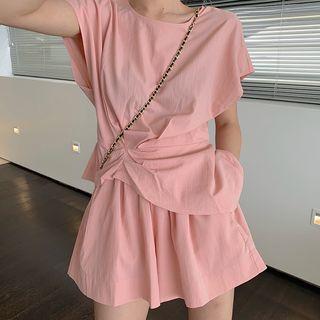 Set: Irregular Hem Short-sleeve Blouse + Wide-leg Shorts