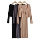 Set: Spaghetti Strap Slit-hem Midi Sheath Dress + Open-front Cardigan