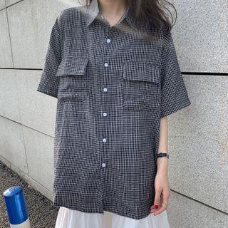 Plaid Elbow-sleeve Shirt Black - One Size