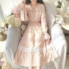 Bell-sleeve Collared Plaid Midi A-line Dress Pink - One Size