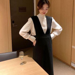 Bow-back Mock Neck Top / V-neck Slit-side Pinafore Dress