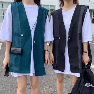 Plain Loose-fit Short-sleeve T-shirt / Color-block Vest