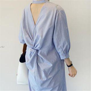 Elbow-sleeve Striped Button-up Midi Dress
