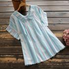 Striped Short-sleeve Blouse Blue - One Size