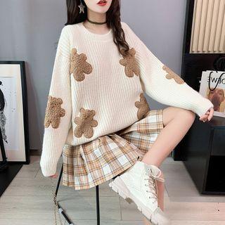 Bear Embroidered Ribbed Sweater