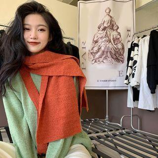 Set: Contrast Trim Cardigan + Scarf Green & Orange - One Size