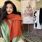 Set: Contrast Trim Cardigan + Scarf Green & Orange - One Size