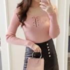 Long-sleeve Lace-up Ribbed Top