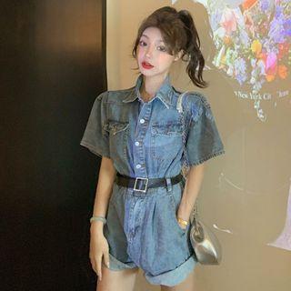 Denim Short-sleeve Collared Playsuit