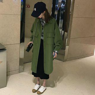 Flap-pocket Long Jacket Khaki - One Size