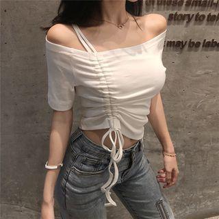 Short-sleeve Cold-shoulder Drawstring T-shirt