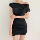 Short-sleeve Off-shoulder Plain Slim-fit Dress