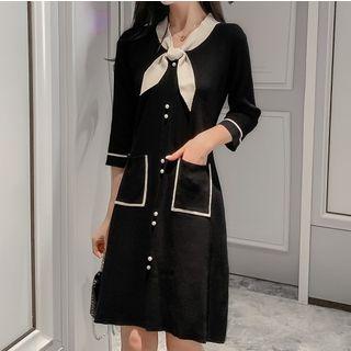 Contrast Trim Tie-neck 3/4-sleeve Knit A-line Dress